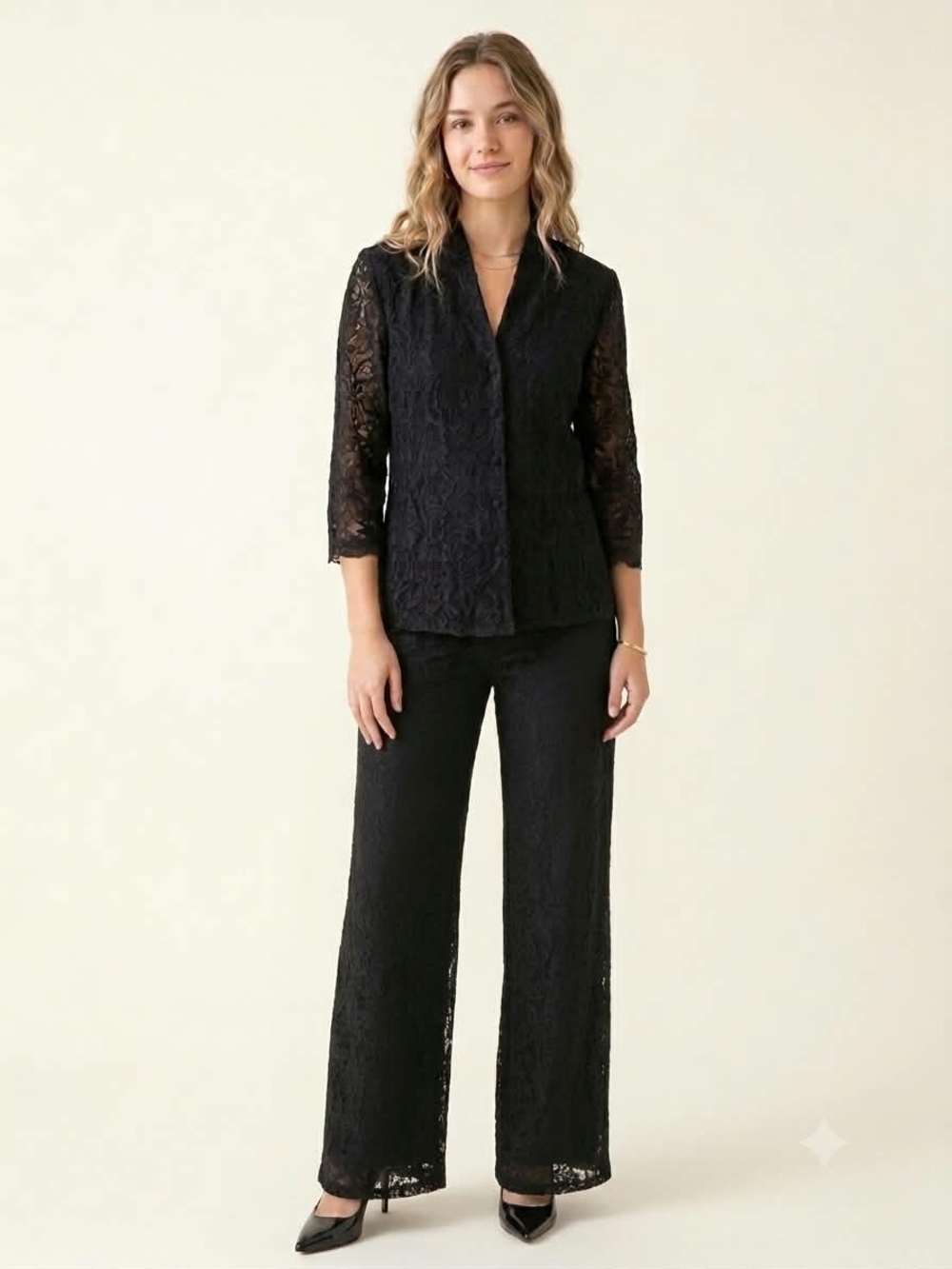 Black Lace Wide-Leg Suit - Elegant Women's Evening Wear
